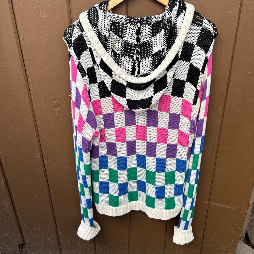 Teddy Fresh Full Zip Knit Hoodie Womens XS/S Checkered Multicolor Oversized - Picture 5 of 15